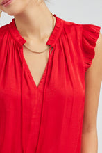 Pleated Short Sleeve Blouse W Ruffled Split Neck And Tie - Black or Red