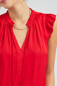 Pleated Short Sleeve Blouse W Ruffled Split Neck And Tie - Black or Red