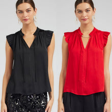 Pleated Short Sleeve Blouse W Ruffled Split Neck And Tie - Black or Red