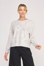 Fine Gauge Diamond Pointelle Floral Print Sweater - Sandshell