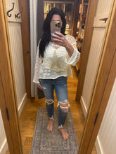 POL long sleeve regular fit hoodie thin sweater top in acrylic with star patch, pearl stud point, see through square weave, hood loop point, rib band detail, solid color - Ivory, Olive or Paradise Mint