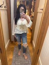 POL long sleeve regular fit hoodie thin sweater top in acrylic with star patch, pearl stud point, see through square weave, hood loop point, rib band detail, solid color - Ivory, Olive or Paradise Mint