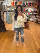 POL long sleeve regular fit hoodie thin sweater top in acrylic with star patch, pearl stud point, see through square weave, hood loop point, rib band detail, solid color - Ivory, Olive or Paradise Mint