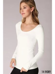 Nikibiki Long Sleeve Scoop Neck Top - Black, White or Ivory