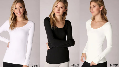 Nikibiki Long Sleeve Scoop Neck Top - Black, White or Ivory