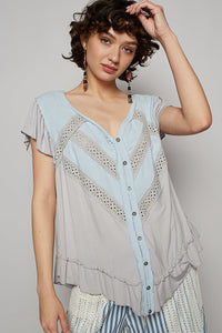 POL V neck ruffle sleeve roomy fit top in POL jersey with lace trim detail - Black or Light Grey