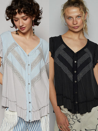 POL V neck ruffle sleeve roomy fit top in POL jersey with lace trim detail - Black or Light Grey