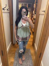 POL V-neck, sleeveless, A-line fit top in rib with trim detail pointed floral pattern - Powder Olive