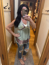 POL V-neck, sleeveless, A-line fit top in rib with trim detail pointed floral pattern - Powder Olive