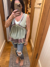 POL V-neck, sleeveless, A-line fit top in rib with trim detail pointed floral pattern - Powder Olive