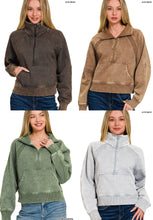 ACID WASHED HALF ZIP FLEECE PULLOVER KANGAROO POCKET - ASSORTED COLORS