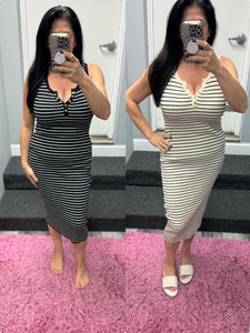 Striped Knit Bodycon Midi Dress - Beige or Black