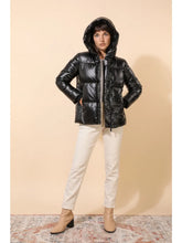 Short Quilted Down Jacket with Metallic Ribbed Hood - Black or Green