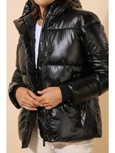 Short Quilted Down Jacket with Metallic Ribbed Hood - Black or Green
