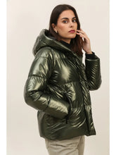 Short Quilted Down Jacket with Metallic Ribbed Hood - Black or Green