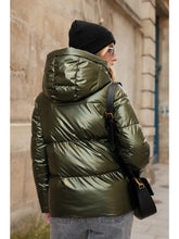 Short Quilted Down Jacket with Metallic Ribbed Hood - Black or Green