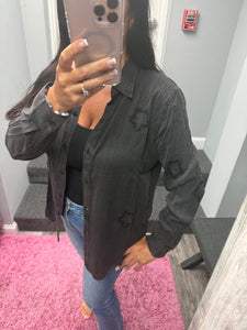 FRAYED STAR PATCH LONG SLEEVE TOP - BLACK OR BLUE