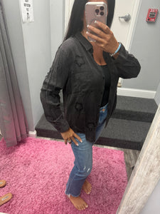 FRAYED STAR PATCH LONG SLEEVE TOP - BLACK OR BLUE