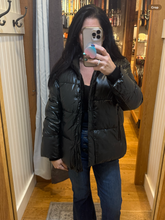 Short Quilted Down Jacket with Metallic Ribbed Hood - Black or Green