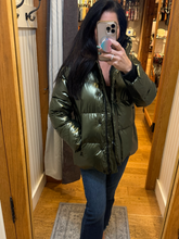 Short Quilted Down Jacket with Metallic Ribbed Hood - Black or Green