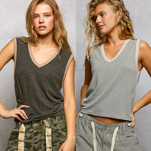 POL V neck fitted fit sleeveless top in rib with color contrast