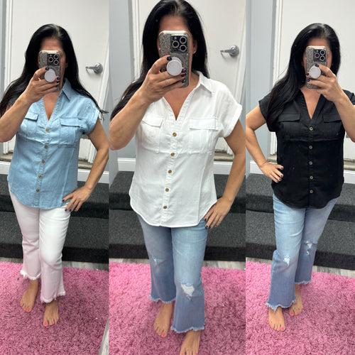 Collared Roll-cuff Shirt Top - Assorted Colors