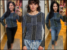 POL Patchwork knit top designed with a fitted silhouette and mixed-fabric panel construction - Indigo Multi