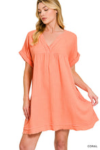 DOUBLE GAUZE RAW EDGE V-NECK DRESS - ASSORTED COLORS