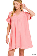 DOUBLE GAUZE RAW EDGE V-NECK DRESS - ASSORTED COLORS