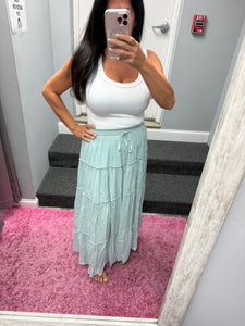 Casual Pull On Elastic Waist Tiered Maxi Skirt - Misty Blue Or Olive