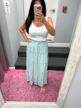 Casual Pull On Elastic Waist Tiered Maxi Skirt - Misty Blue Or Olive