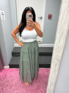 Casual Pull On Elastic Waist Tiered Maxi Skirt - Misty Blue Or Olive