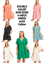 DOUBLE GAUZE RAW EDGE V-NECK DRESS - ASSORTED COLORS