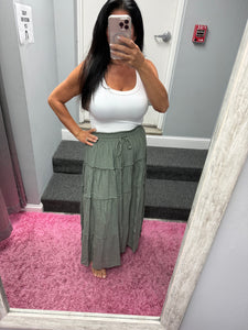 Casual Pull On Elastic Waist Tiered Maxi Skirt - Misty Blue Or Olive