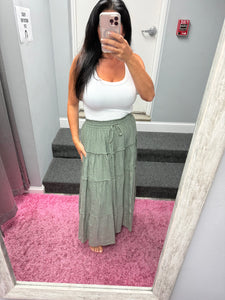 Casual Pull On Elastic Waist Tiered Maxi Skirt - Misty Blue Or Olive