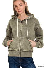 ACID WASH FLEECE CROPPED ZIP-UP HOODIE W POCKETS - ASSORTED COLORS
