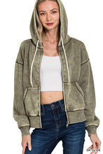 ACID WASH FLEECE CROPPED ZIP-UP HOODIE W POCKETS - ASSORTED COLORS