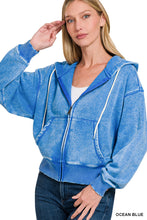 ACID WASH FLEECE CROPPED ZIP-UP HOODIE W POCKETS - ASSORTED COLORS