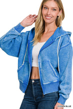 ACID WASH FLEECE CROPPED ZIP-UP HOODIE W POCKETS - ASSORTED COLORS
