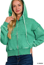 ACID WASH FLEECE CROPPED ZIP-UP HOODIE W POCKETS - ASSORTED COLORS