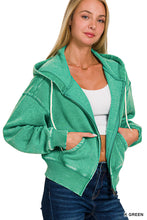 ACID WASH FLEECE CROPPED ZIP-UP HOODIE W POCKETS - ASSORTED COLORS