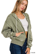 ACID WASH FLEECE CROPPED ZIP-UP HOODIE W POCKETS - ASSORTED COLORS