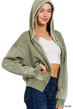 ACID WASH FLEECE CROPPED ZIP-UP HOODIE W POCKETS - ASSORTED COLORS