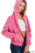 ACID WASH FLEECE CROPPED ZIP-UP HOODIE W POCKETS - ASSORTED COLORS