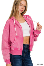 ACID WASH FLEECE CROPPED ZIP-UP HOODIE W POCKETS - ASSORTED COLORS