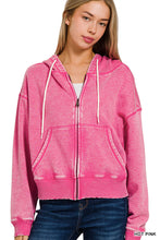 ACID WASH FLEECE CROPPED ZIP-UP HOODIE W POCKETS - ASSORTED COLORS