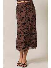 Pull On Flocking Velvet Mesh Floral Midi Skirt - Brown/Black Floral