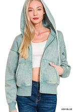 ACID WASH FLEECE CROPPED ZIP-UP HOODIE W POCKETS - ASSORTED COLORS