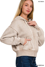 ACID WASH FLEECE CROPPED ZIP-UP HOODIE W POCKETS - ASSORTED COLORS