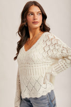 Open Crochet V-neck Oversized Crop Sweater - White